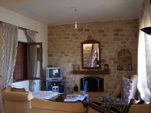 Interior view of the family room with internal stone wall, fireplace and wall features